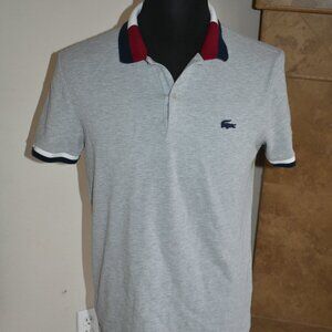 Mens Gray Lacoste 3D CROCODILE Logo GRAY multicolor collar Polo T-Shirt M/ Small